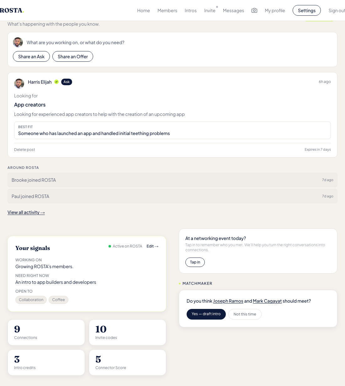 ROSTA dashboard showing the network feed with Asks and Offers from connections
