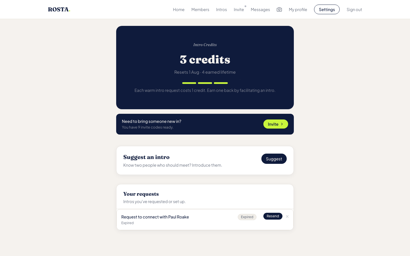 ROSTA intros page showing warm introduction credits and the suggest an intro flow