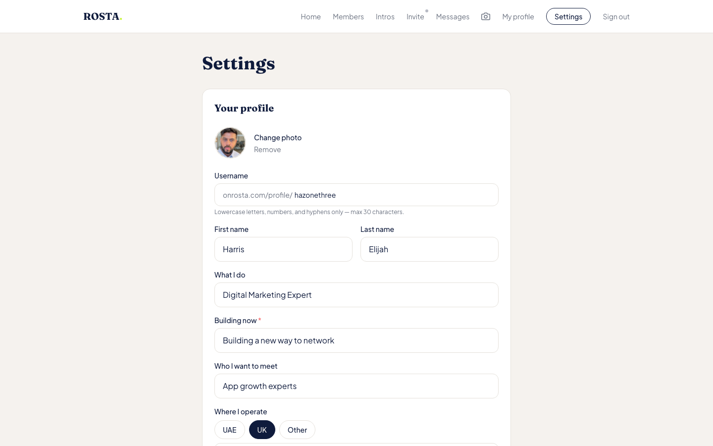 ROSTA profile editor showing present-tense identity fields — Building now and Who I want to meet